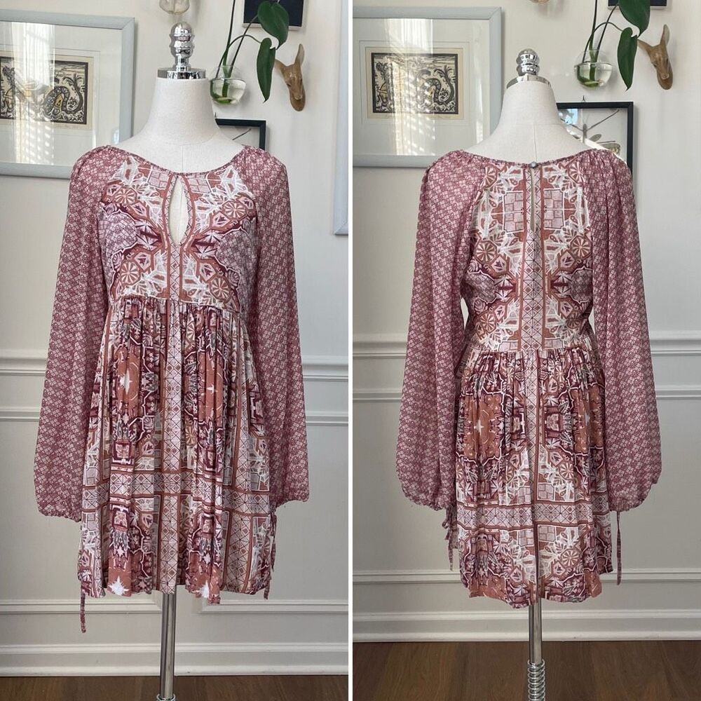 Free People Oksana Mini Peasant Dress Burgundy Boho 4